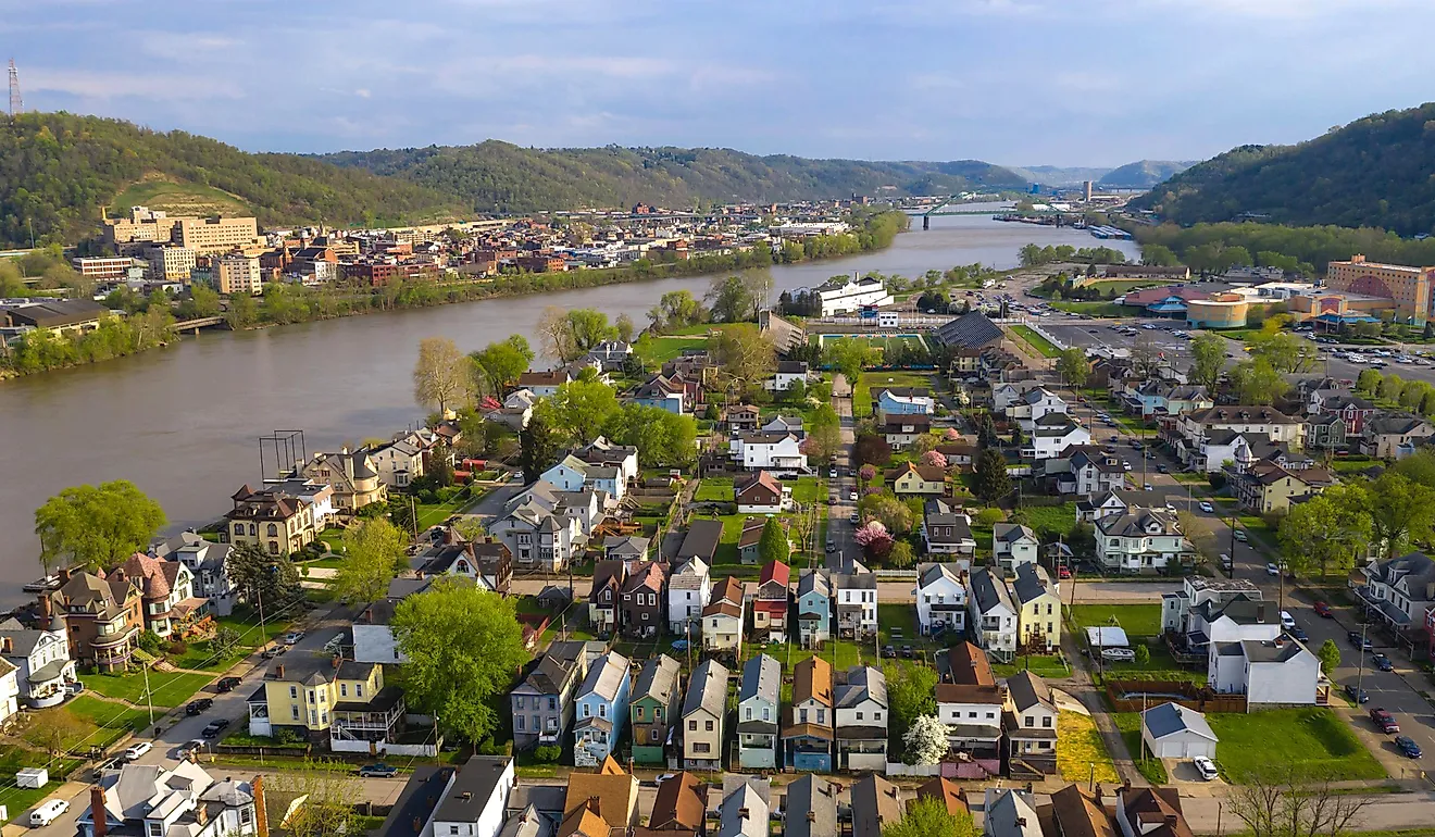 Aerial view of the Ohio River in Wheeling, West Virginia.