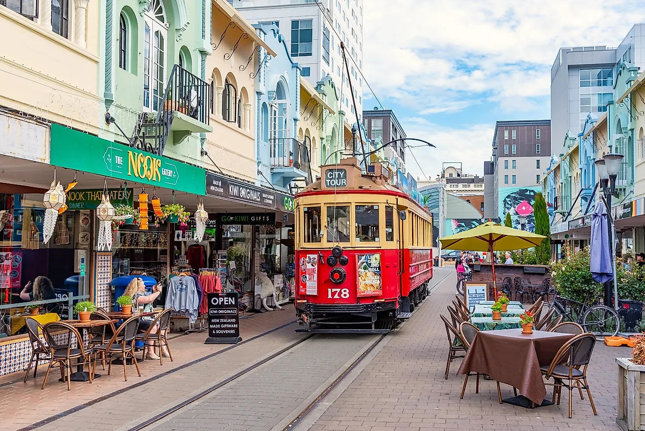 Restaurants at New Regent Street in Christchurch, New Zealand. Image credit: trabantos / Shutterstock.com.