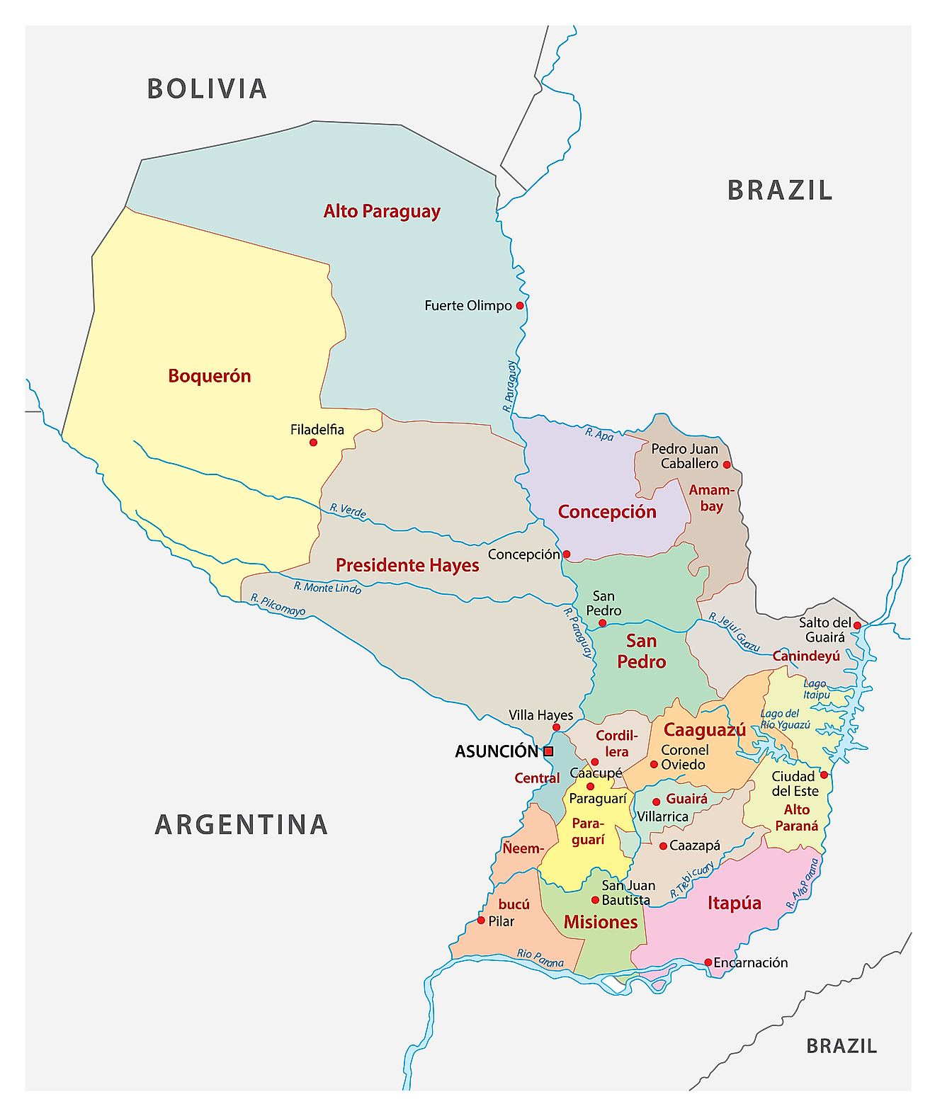 Mapa Político de Paraguay mostrando sus 17 departamentos y la ciudad capital de Asunción.