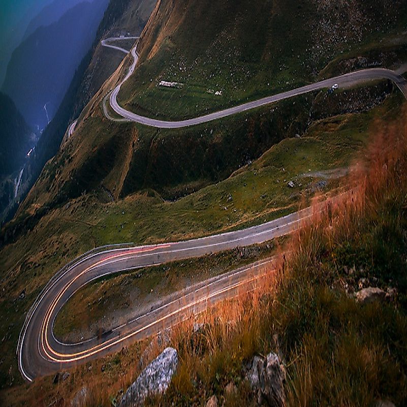 A breathtaking view from above of the Transfagarasan Mountain Road as it winds through the Romanian Carpathians.
