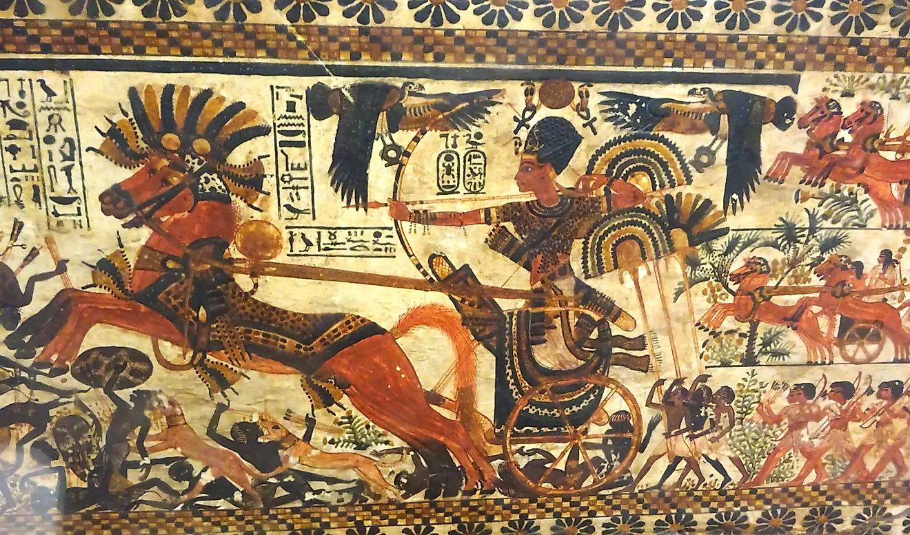 Tutankhamun charging enemies on his chariot, 18th dynasty.