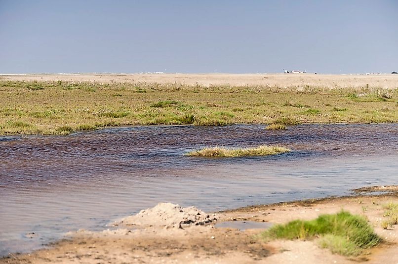 Waters stretch inland along the Wadden Sea near Westerhever, Germany.