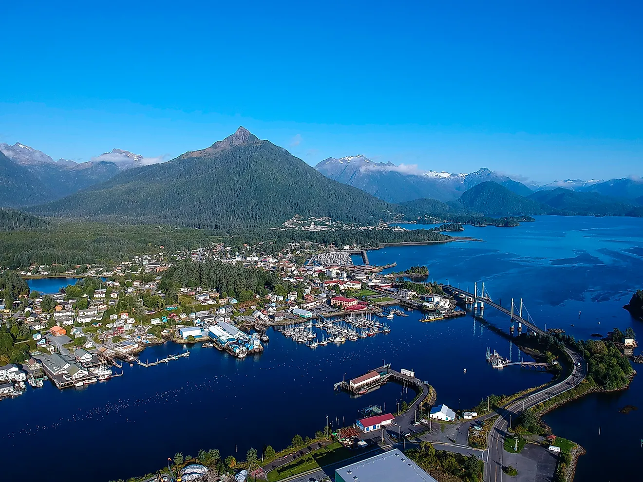 Aerial view of Sitka, Alaska with Mount Verstovia in the background
