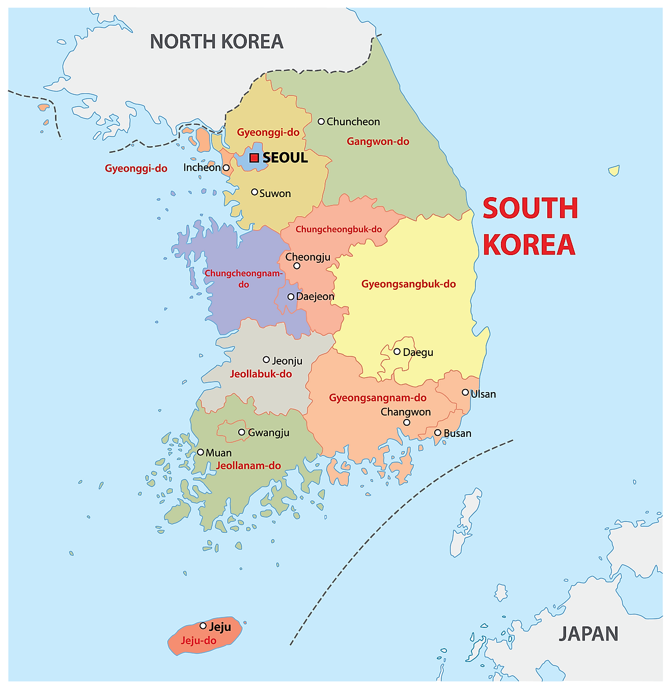 Political Map of South Korea displaying the 9 provinces, 6 metropolitan cities including the national capital of Seoul, etc.