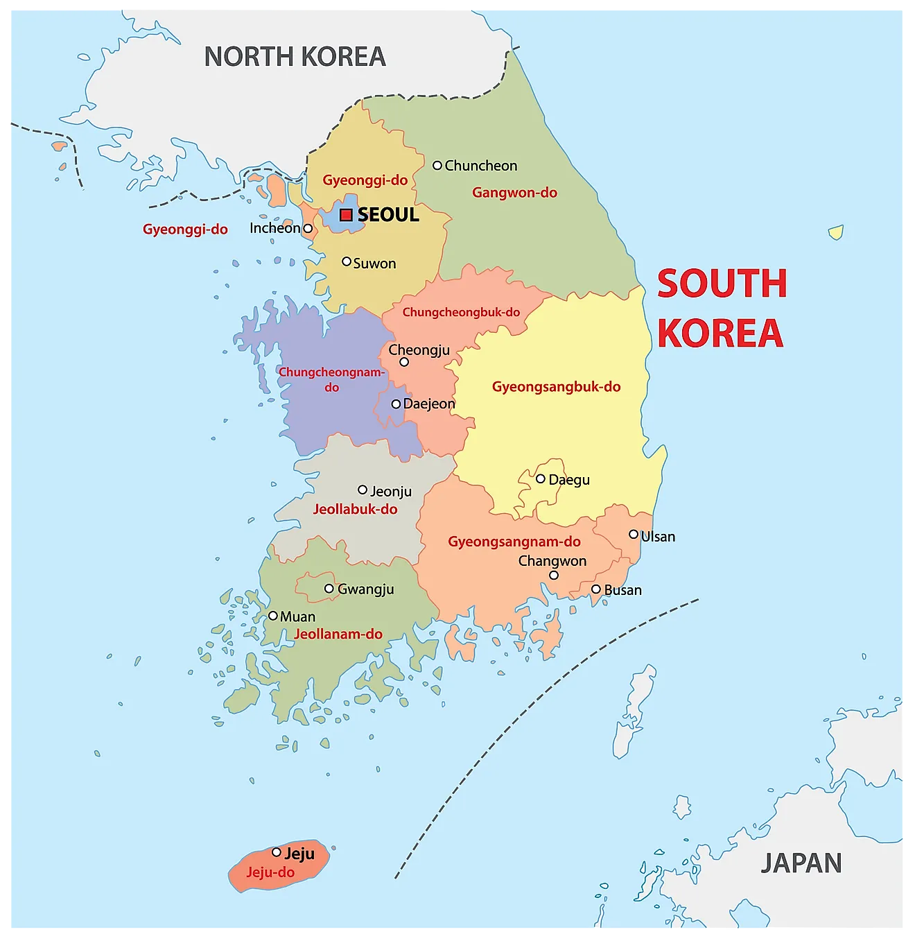 Political Map of South Korea displaying the 9 provinces, 6 metropolitan cities including the national capital of Seoul, etc.