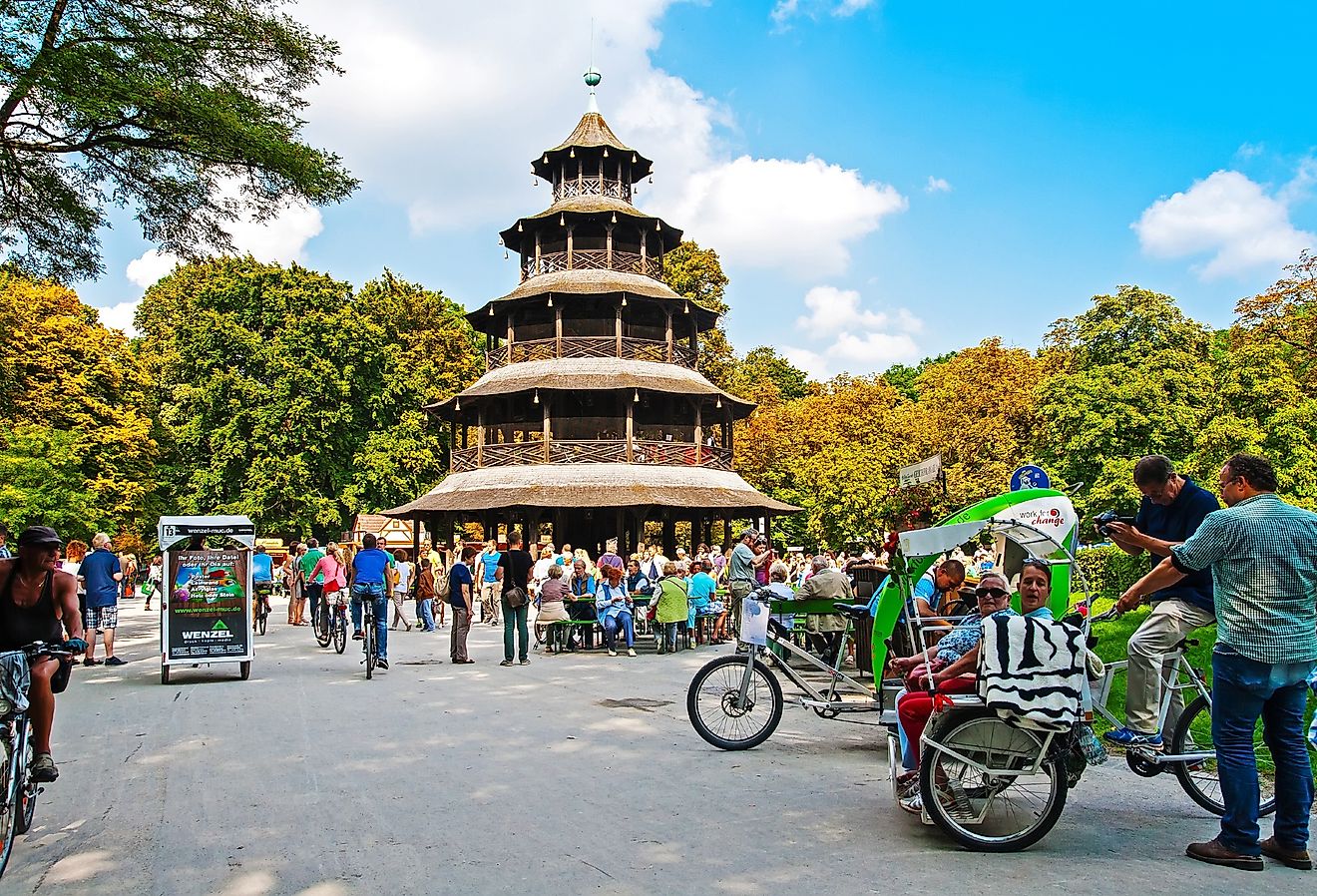 Biergarten near Chinese tower in English garden, Munich, Germany. Image credit Pani Garmyder via Shutterstock