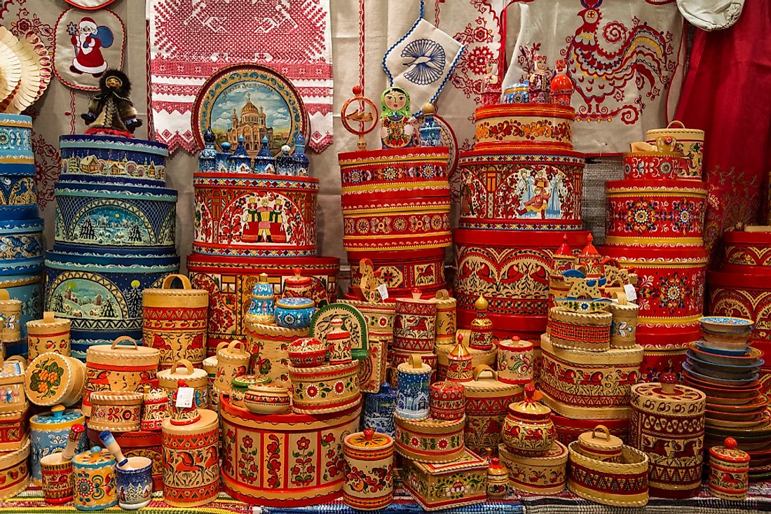 Russian folk art and crafts at a market. 