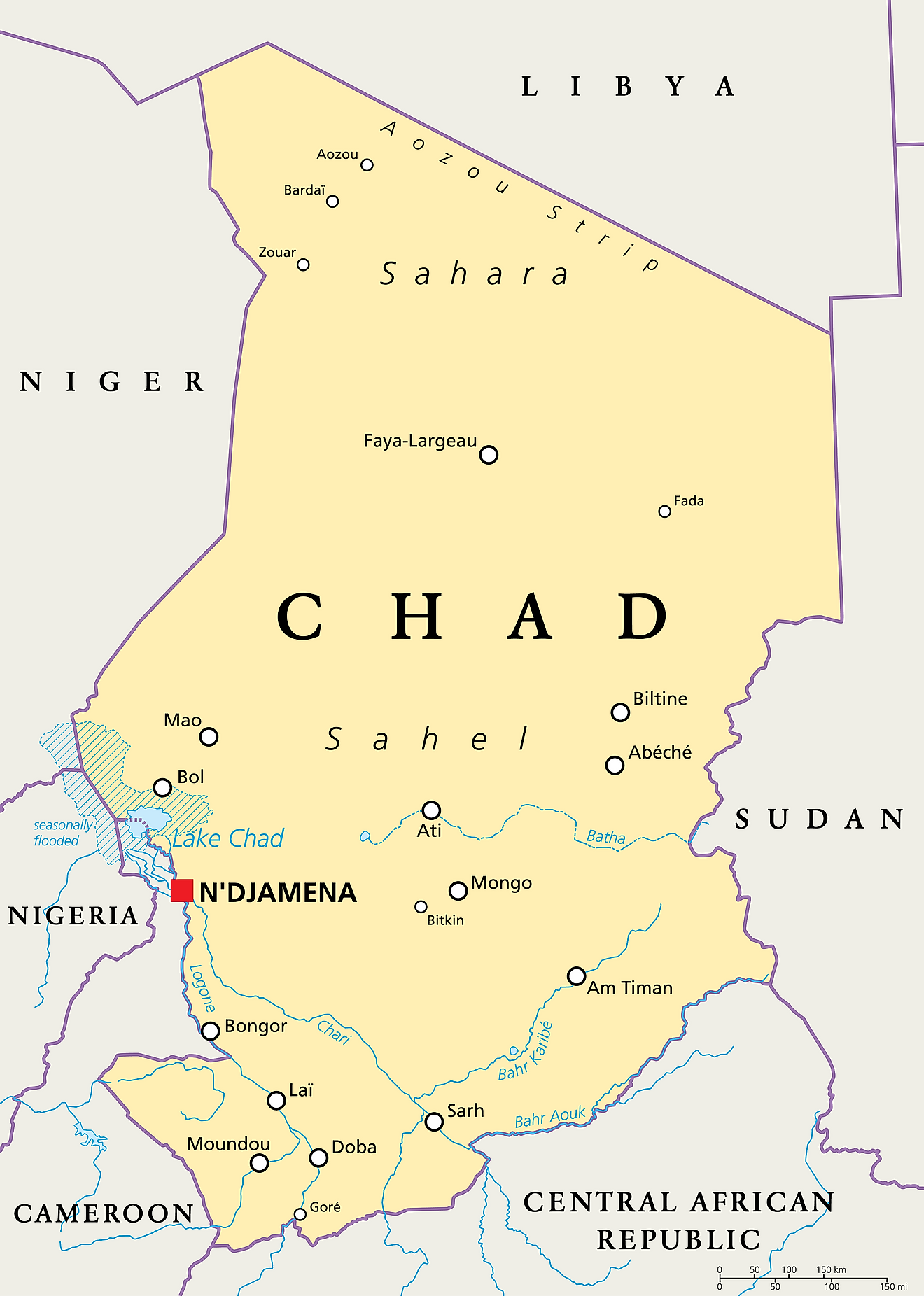 Map of Chad with bordering countries.