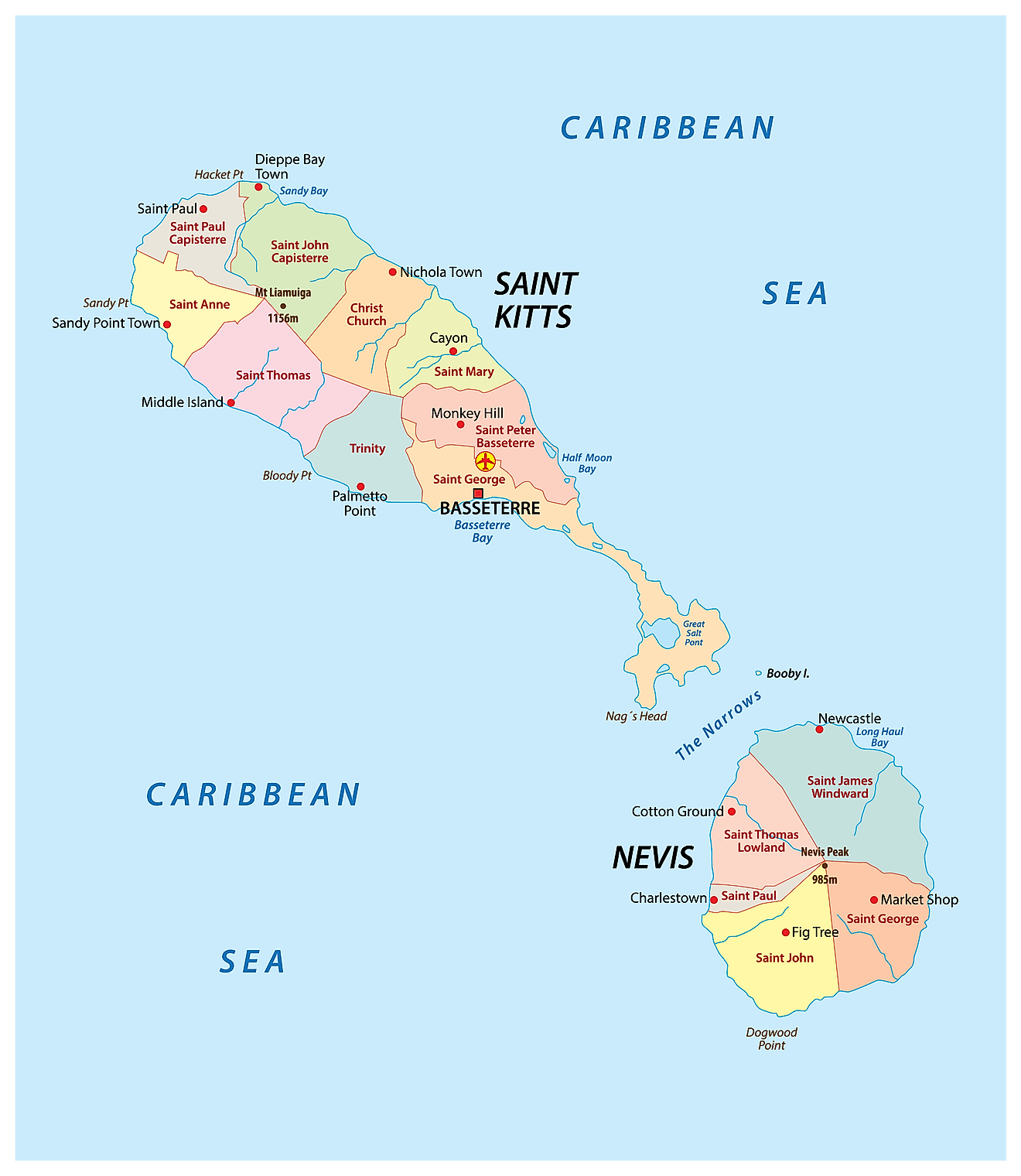 Mapa político de Saint Kitts y Nevis que muestra sus 14 parroquias y la ciudad capital de Basseterre.