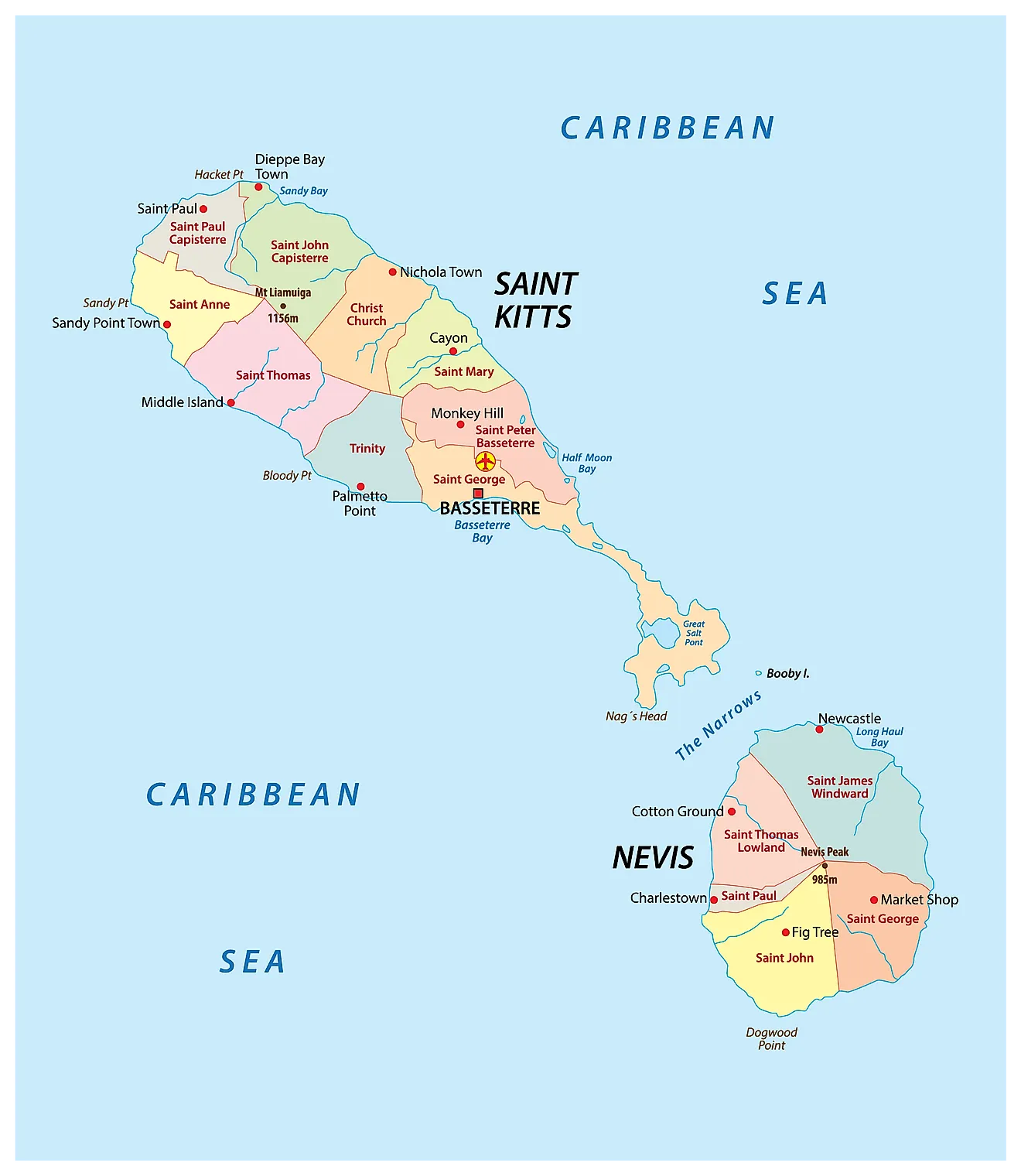 Political Map of Saint Kitts and Nevis showing its 14 parishes and the capital city of Basseterre. 