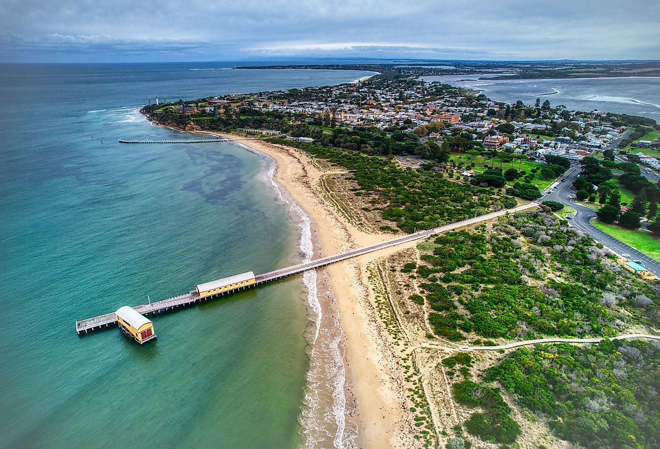 Aerial view of the Queenscliff South Pier, Victoria, Australia.