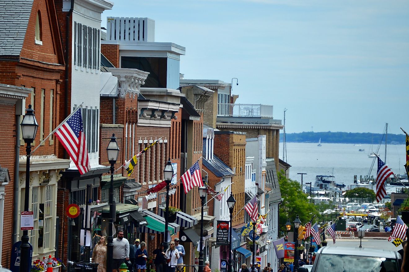 Main Street in Annapolis, Maryland, eastward toward Chesapeake Bay.
