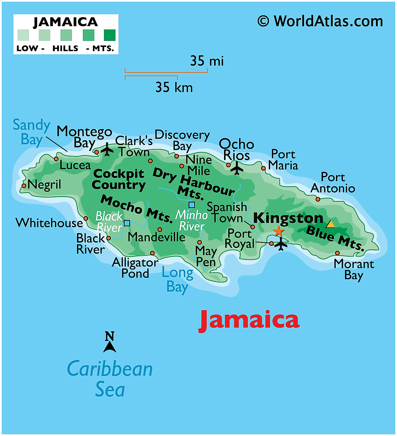 Mapa físico de Jamaica que muestra el relieve, las principales cadenas montañosas, los puertos fluviales, los asentamientos importantes y más.