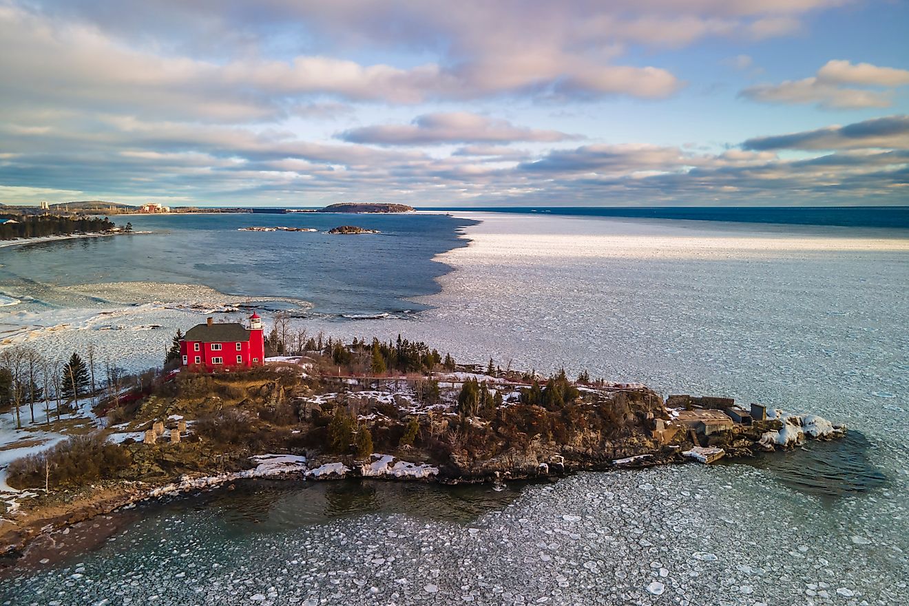Aerial view of the historical Marquette Harbor Lighthouse.