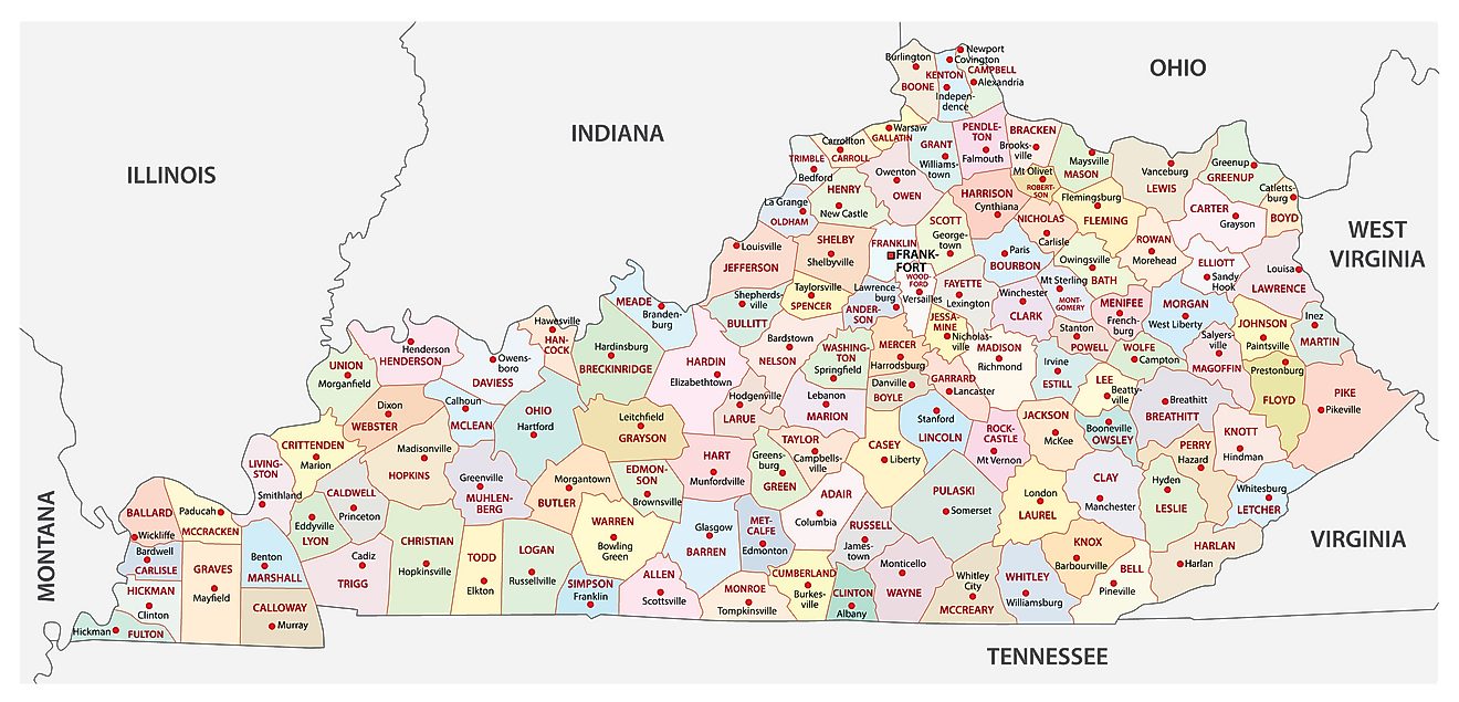 Mapa administrativo de Kentucky que muestra sus 120 condados y la ciudad capital - Frankfort