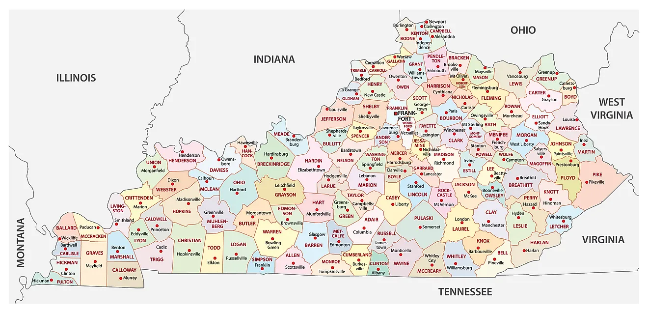 Administrative Map of Kentucky showing its 120 counties and the capital city - Frankfort