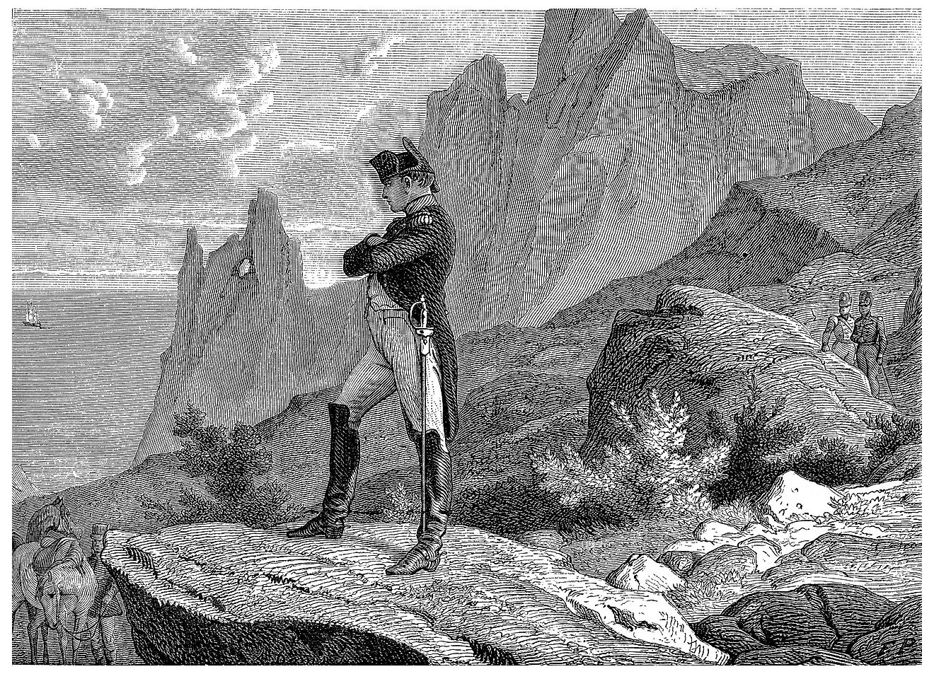 Napoleon at St. Helena, vintage engraved illustration. History of France 1885.