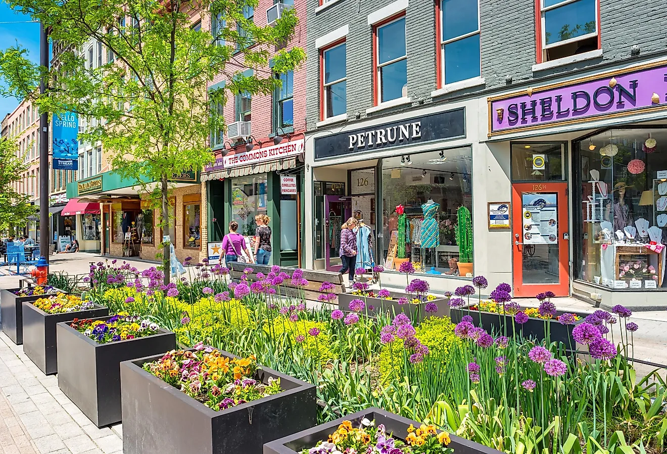 Downtown street in Ithaca, New York.