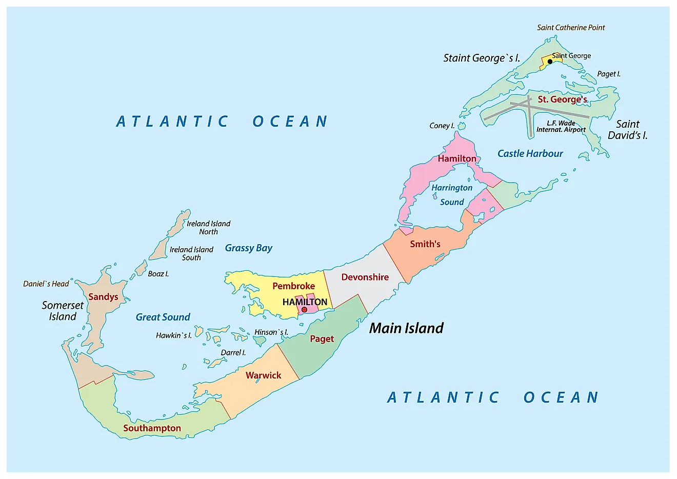 Political Map of Bermuda showing its 9 parishes and 2 municipalities and the capital city of Hamilton.