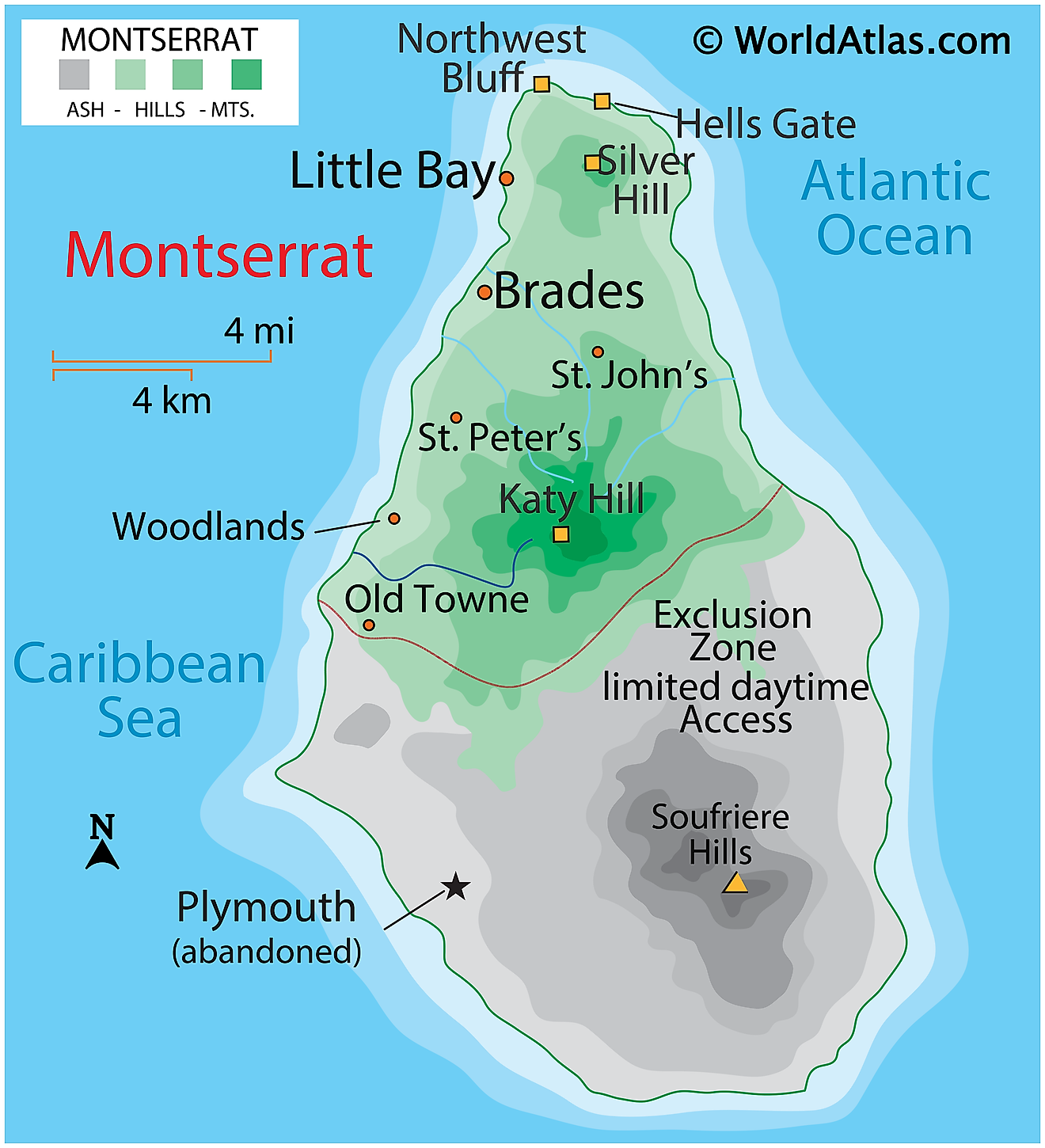 Mapa Físico de Montserrat mostrando relieve, colinas, punto más alto, Zona de Exclusión, etc.