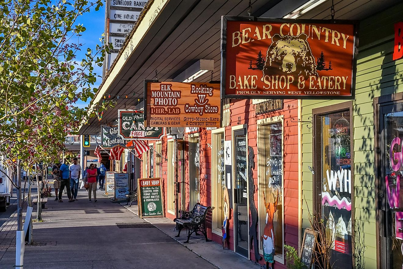 West Yellowstone, Montana / USA - September 28 2018: Shops along Canyon Street