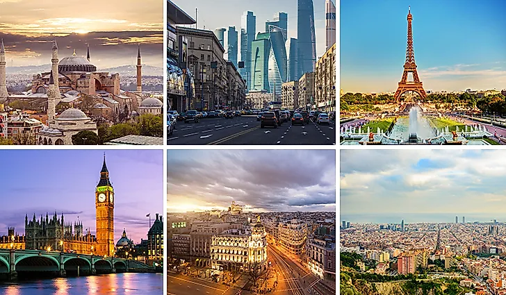 From top left to bottom right: Istanbul, Moscow, Paris, London, Madrid, and Barcelona.