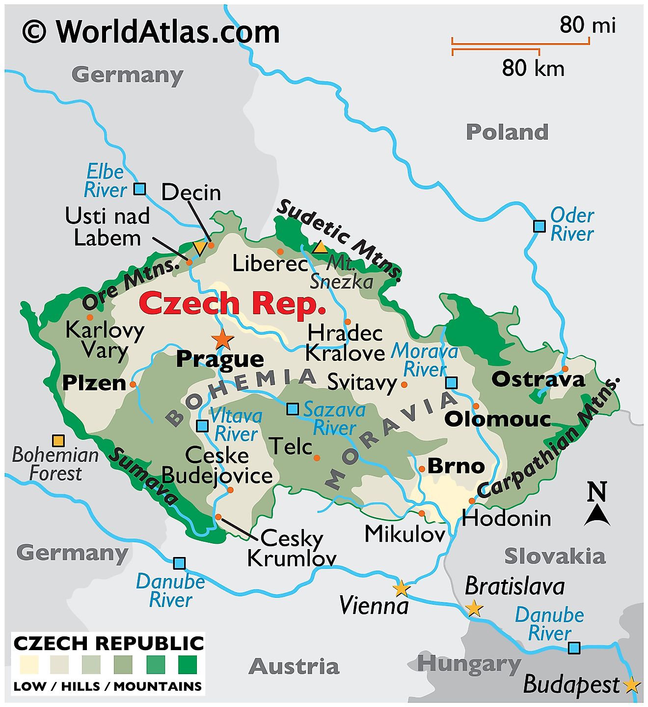 Physical Map of the Czech Republic showing terrain, major rivers, extreme points, important cities, international boundaries, etc.