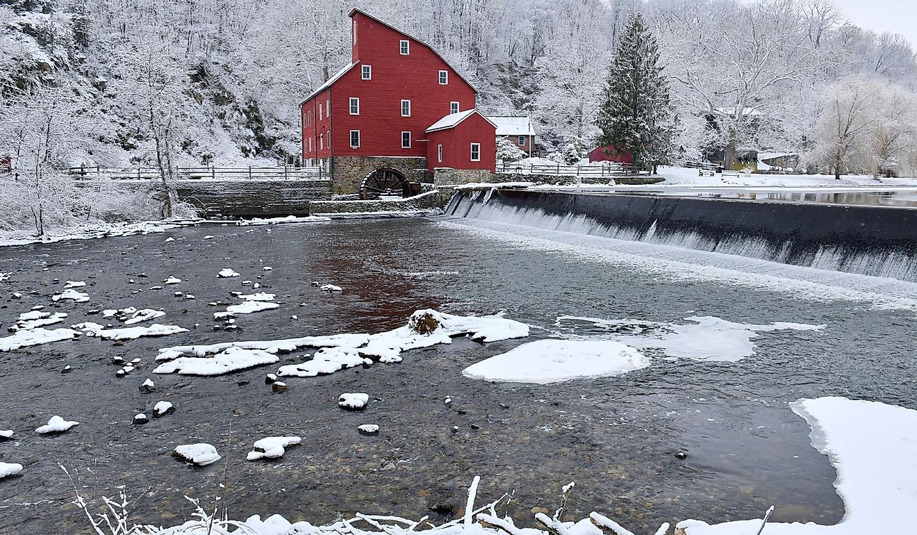 Clinton, New Jersey, Red Mill in Winter, South Branch of the Raritan River.