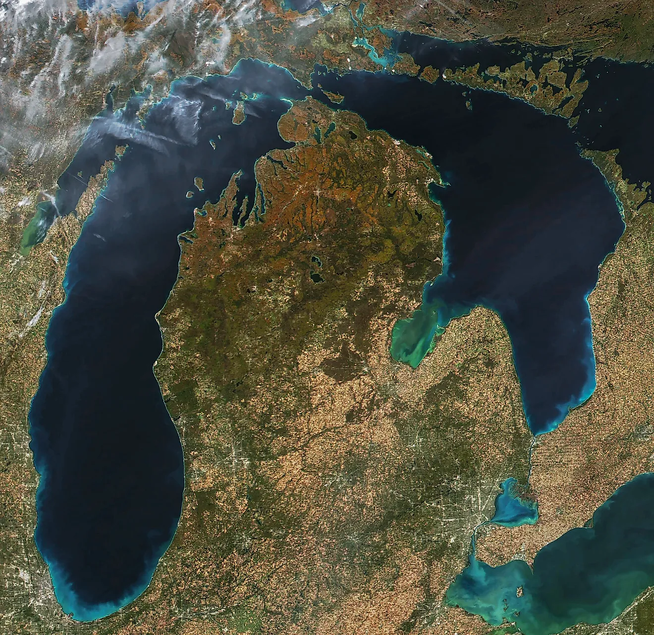 Lake Michigan and Lake Huron in fall. NASA Earth Observatory image by Michala Garrison
