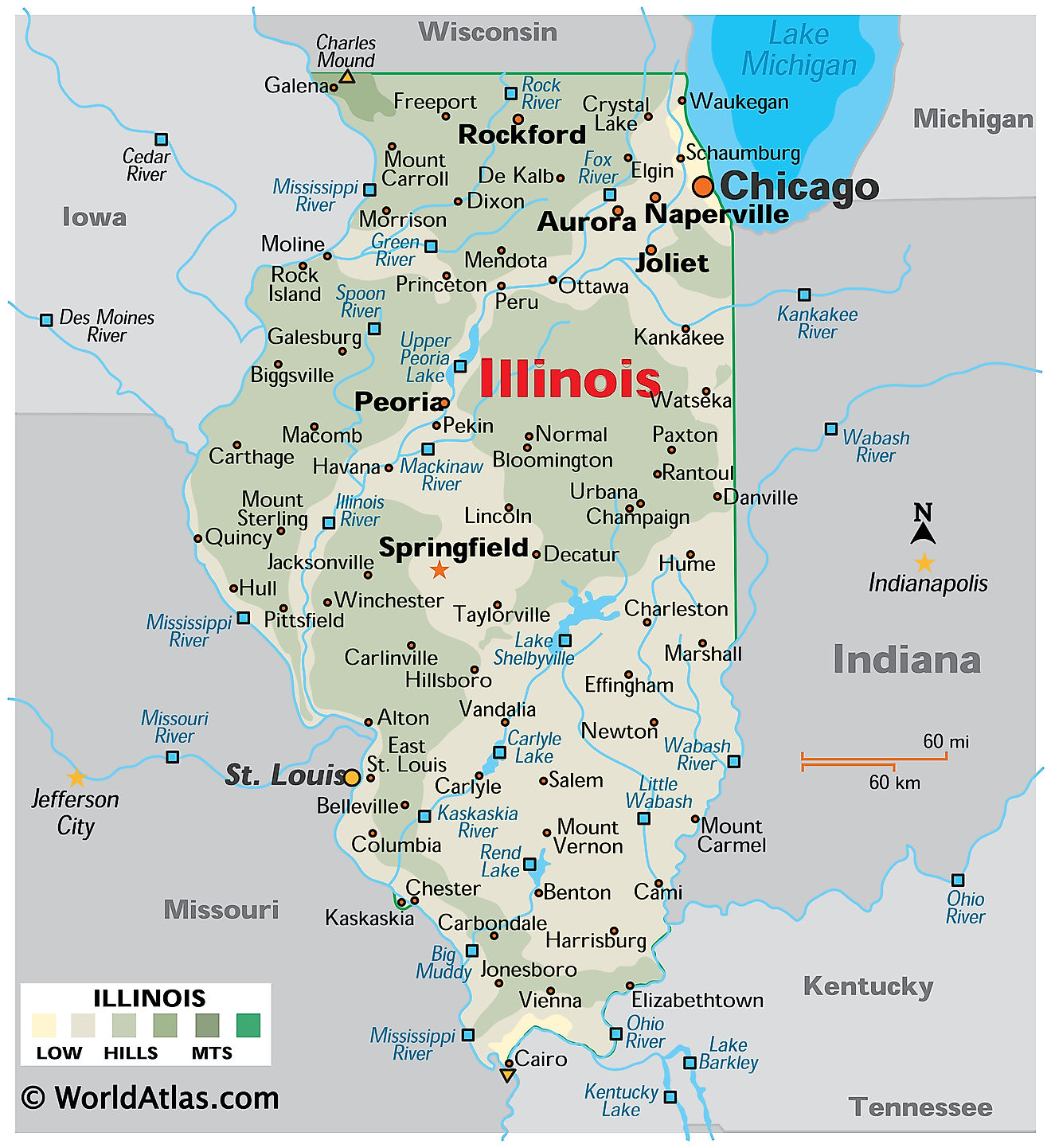 Mapa físico de Illinois. Muestra las características físicas de Illinois, incluidas sus cadenas montañosas, los principales ríos y lagos.
