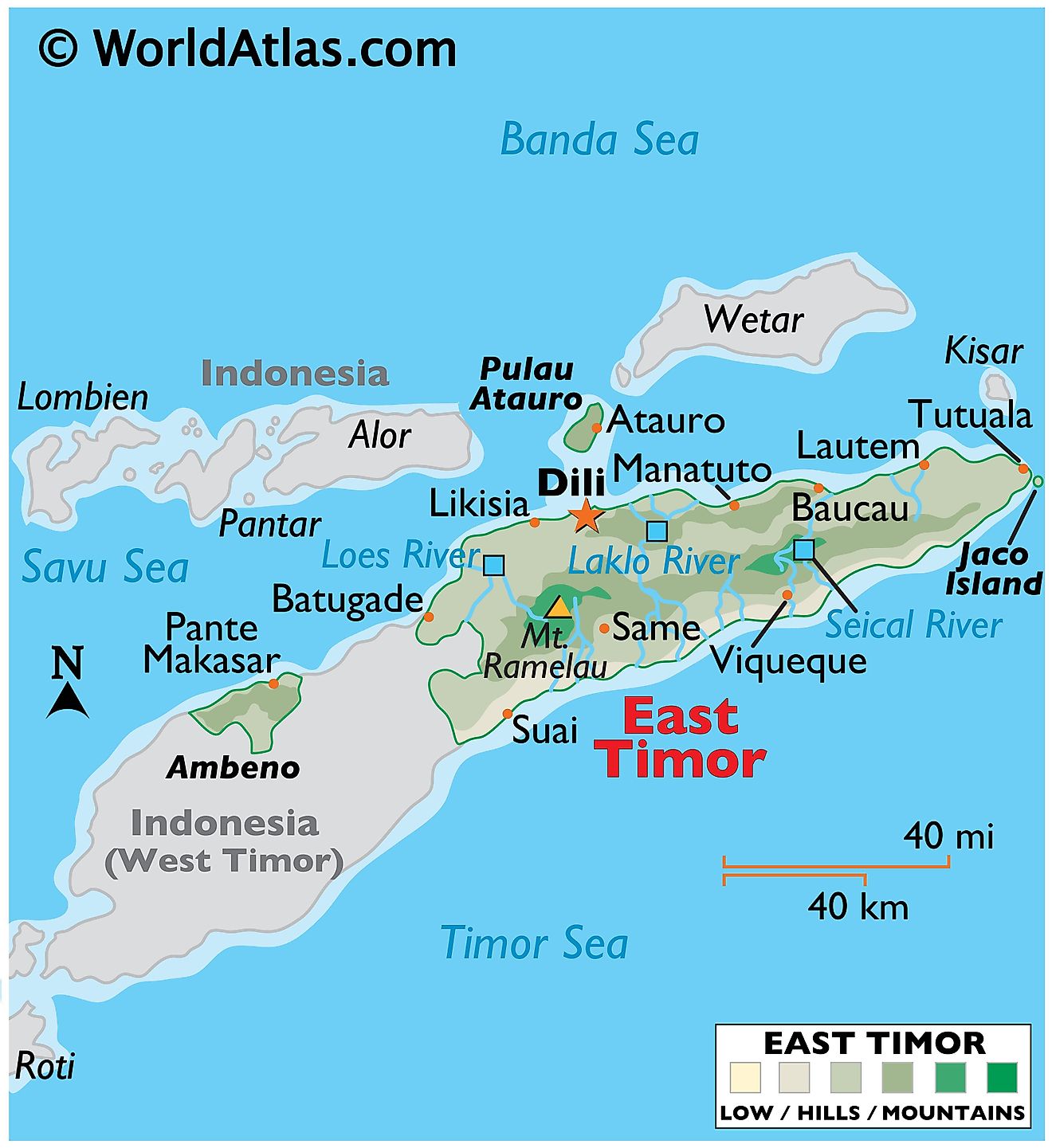 Physical Map of East Timor with state boundaries, relief, major rivers, highest peak, important cities, and more.