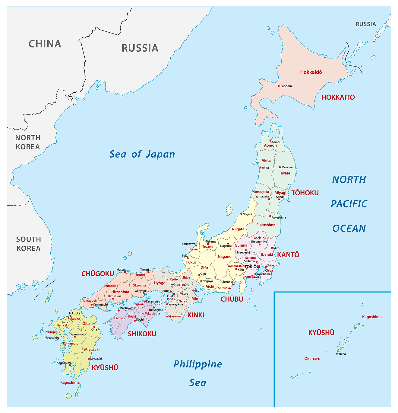 Political Map of Japan displaying 47 prefectures and the national capital of Tokyo.