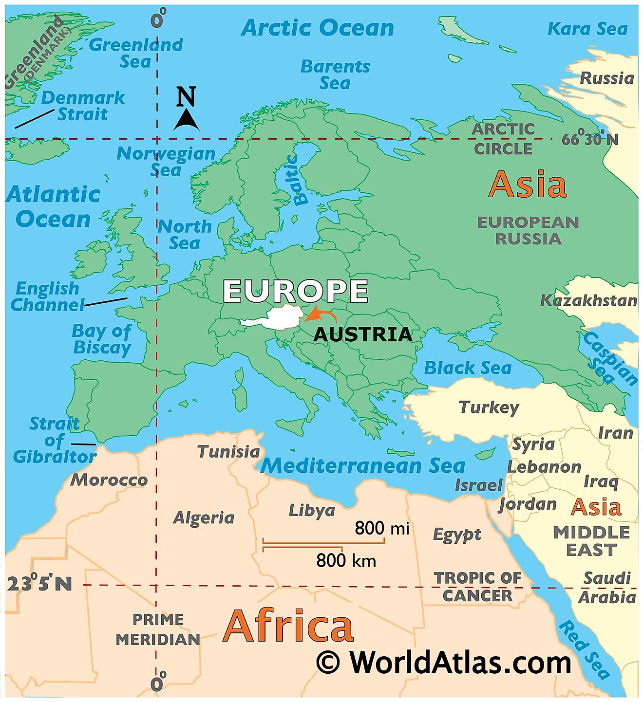 Map showing location of Austria in the world.
