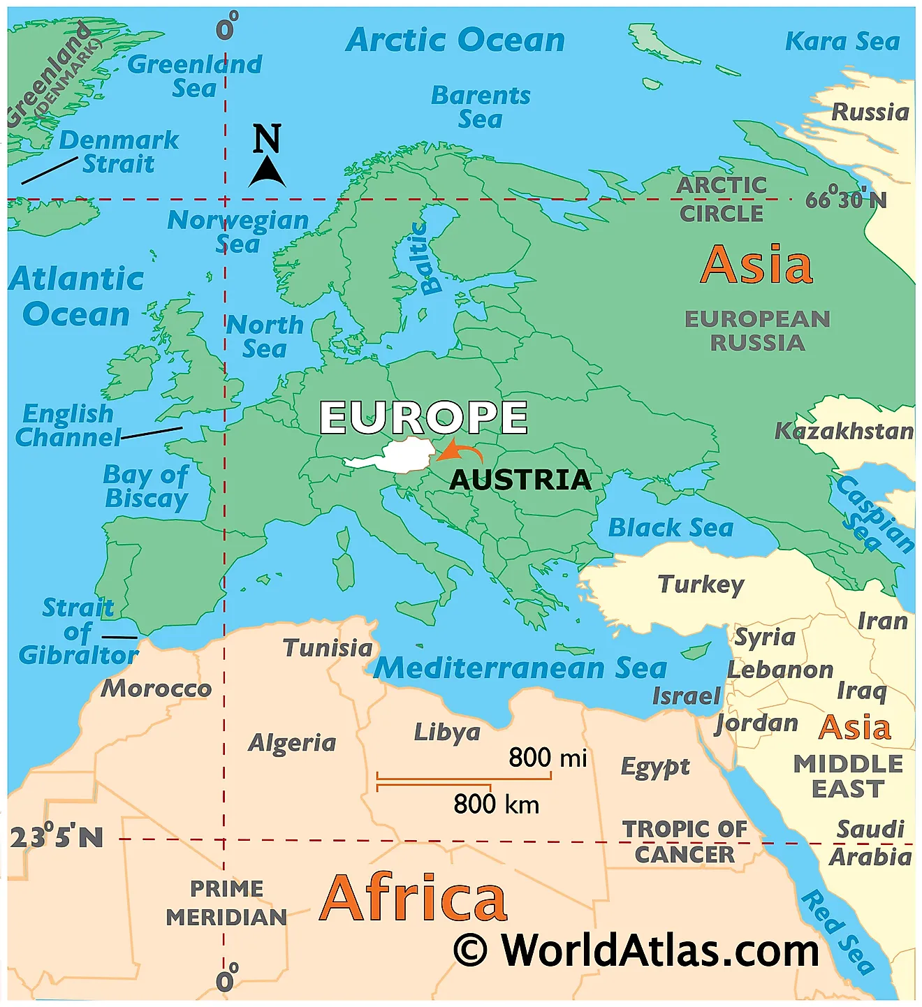 Map showing location of Austria in the world.