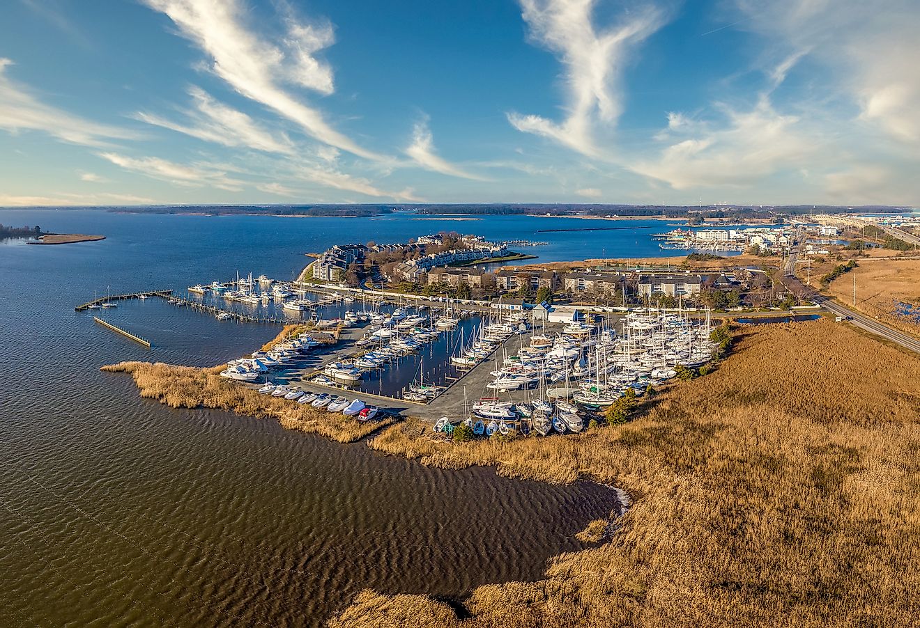 Aerial panorama of the marina at Kent Narrows, Kent Island on the Chesapeake in Maryland.