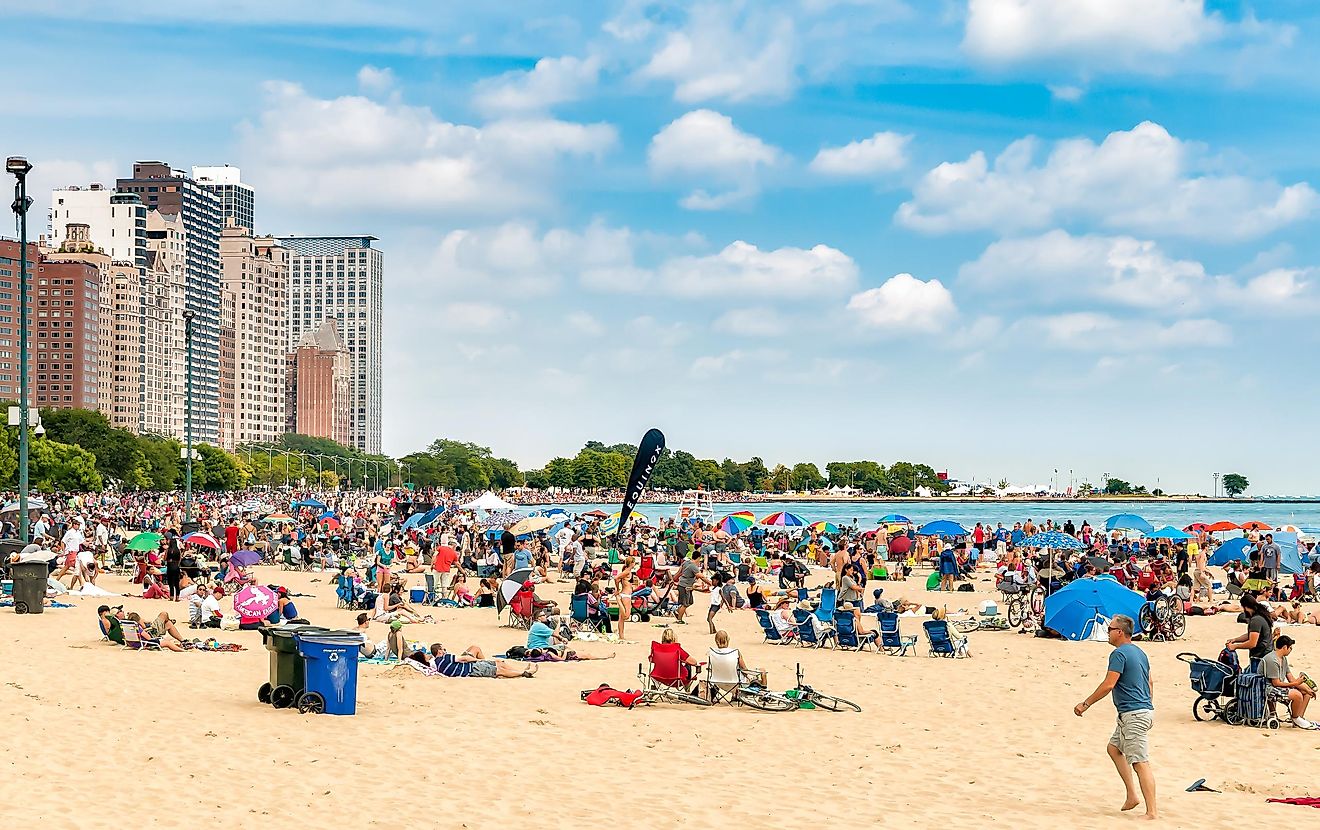 People enjoying summer time at the popular North Avenue Beach on the lake Michigan in Chicago