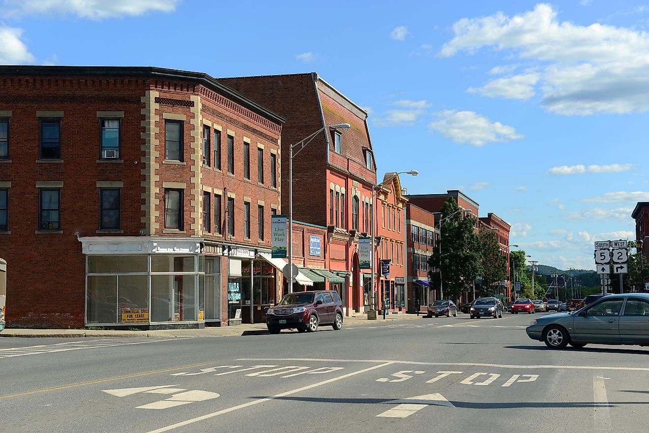 ST. JOHNSBURY, VT, USA - JUL.11, 2014: Historic Buildings on Railroad Street in downtown St. Johnsbury, Vermont VT, USA.