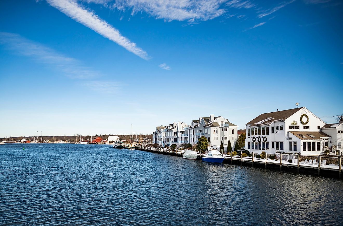 Waterfront houses along the coast in Mystic, Connecticut.