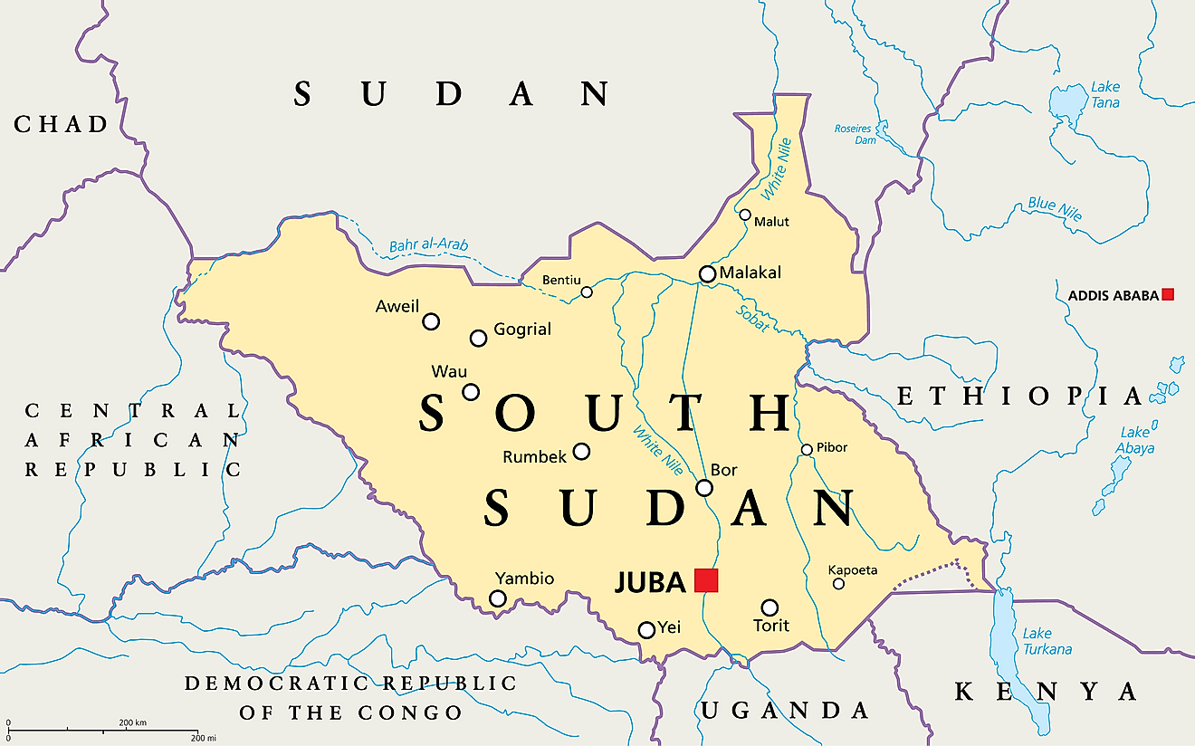 Map of South Sudan with bordering countries.