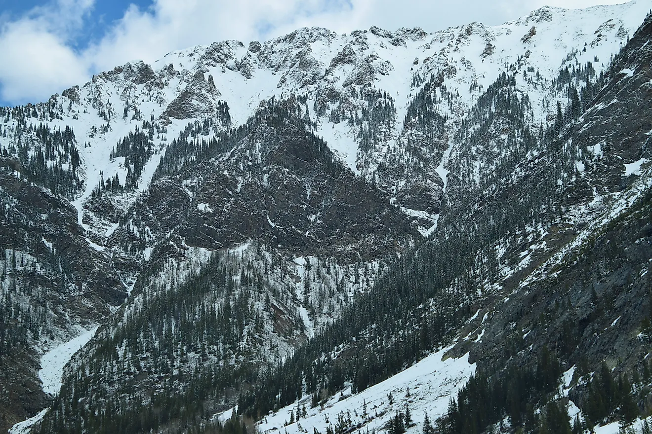 Cold barren snowy mountain peaks in Colorado Rocky Mountains.