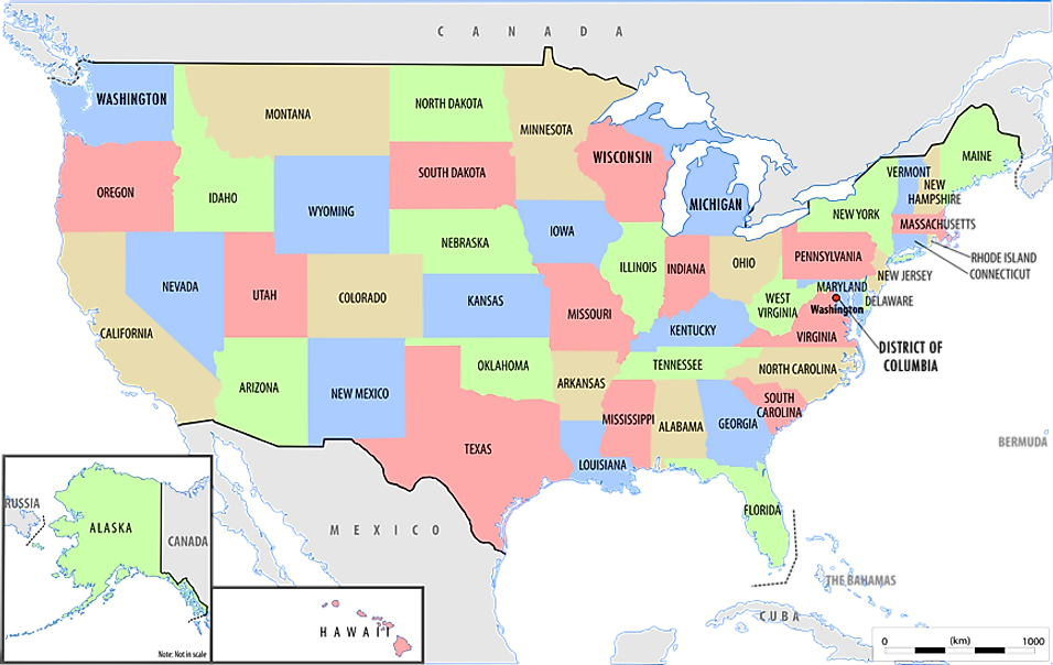 Map of US States. Political map with US States labeled.