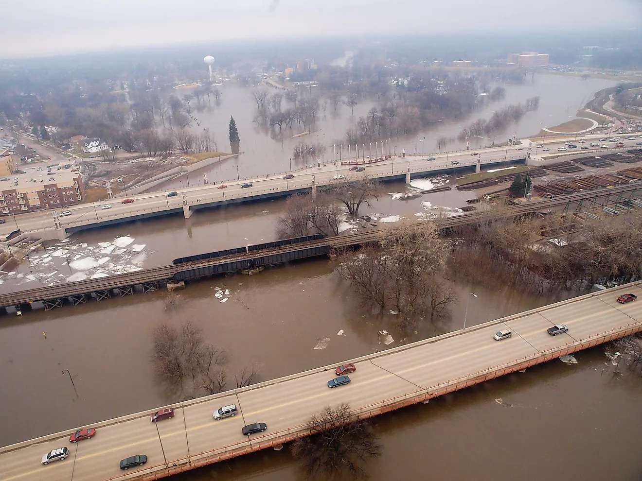 An aerial view of Red River of the North as it flows through Fargo, the most populous city of Dakota.