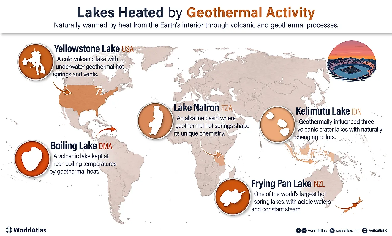 Infographic showing the locations and details of lakes heated by geothermal activity on the earth map.