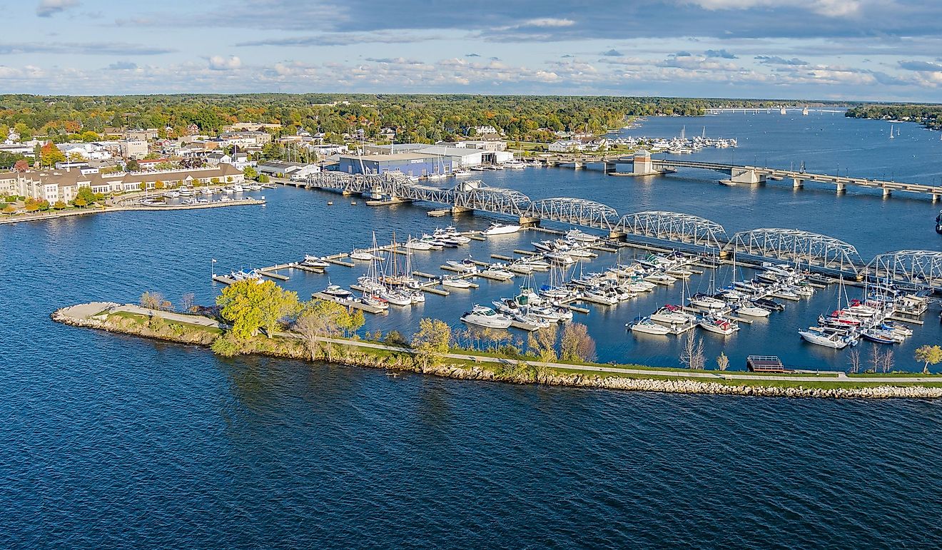 An image of steel bridge and boats located in historic Sturgeon Bay located in Door County Wisconsin.