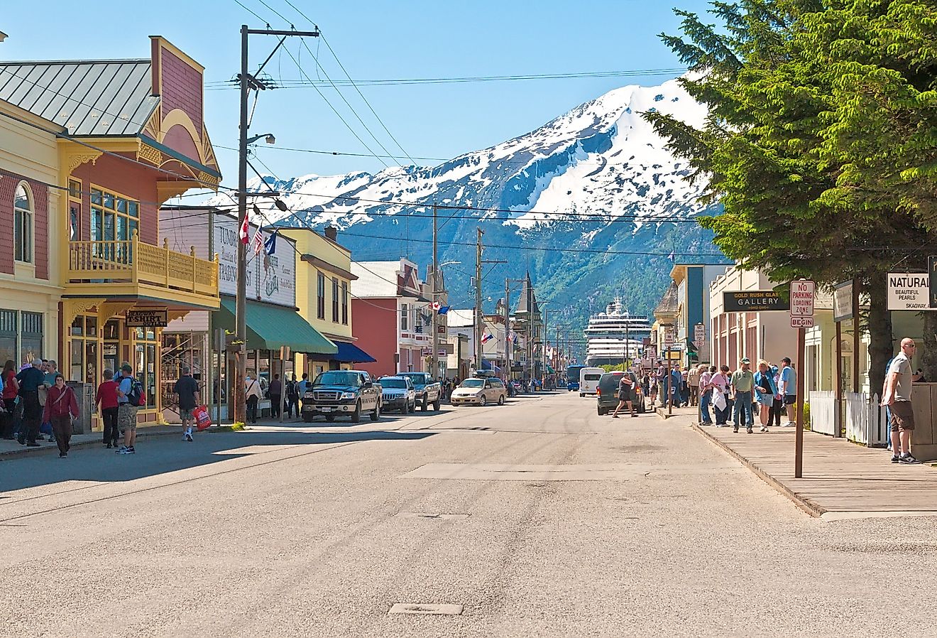 Main shopping district in the small town of Skagway, Alaska during the summer months. Image credit Ruth Peterkin via Shutterstock