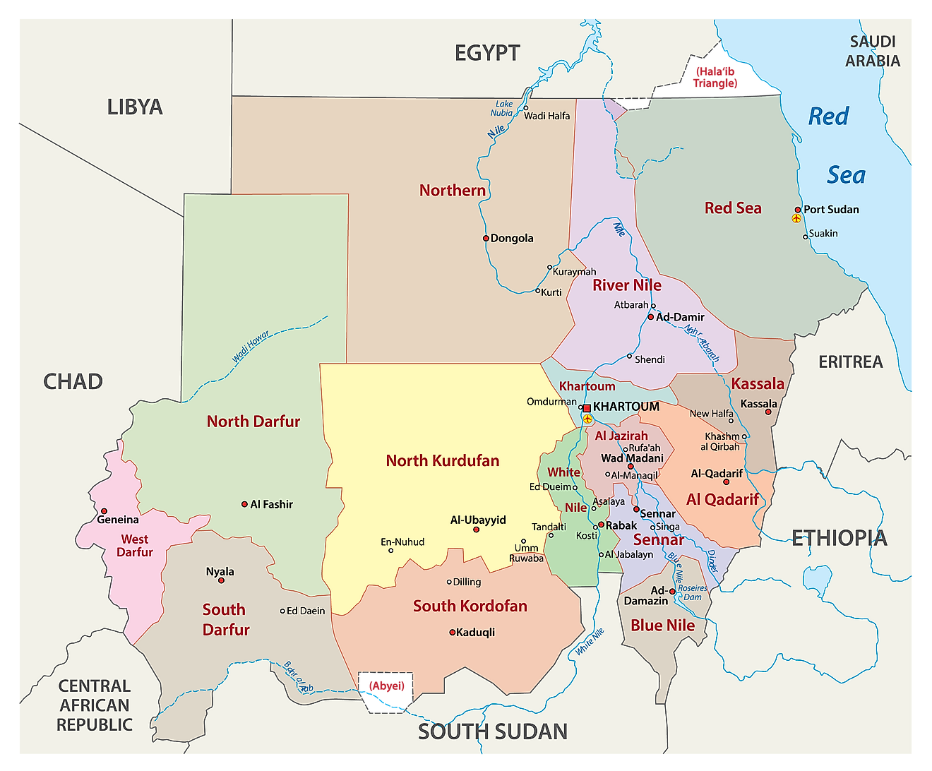 Mapa político de Sudán que muestra sus dieciocho estados, sus ciudades capitales y la capital nacional de Jartum.