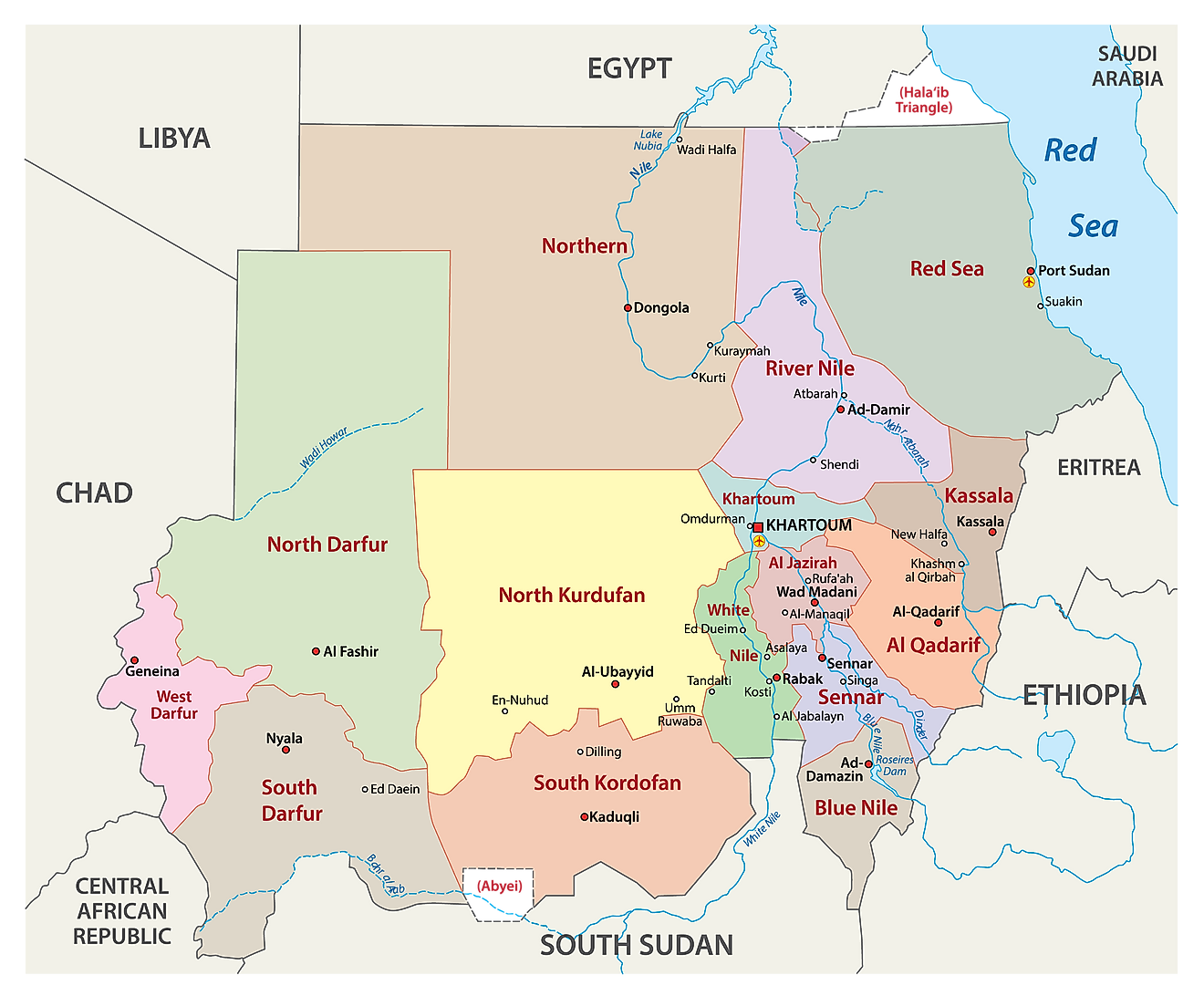 Political Map of Sudan showing its eighteen states, their capital cities, and the national capital of Khartoum.