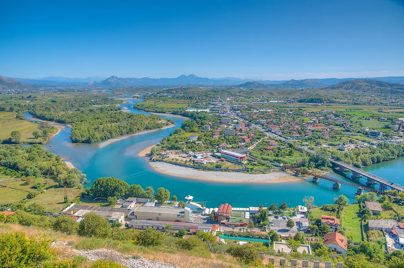 Aerial view of a bend of Drin river at Shkoder in Albania.