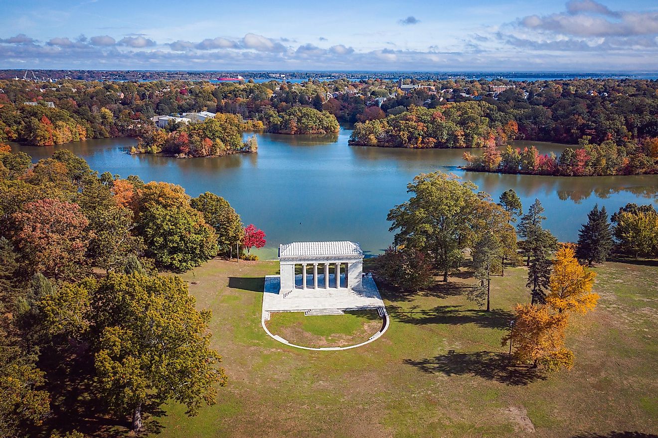 The historic white masonry Temple to Music along Cunliff Lake in Providence, Rhode Island.