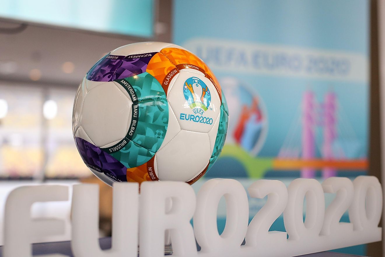 The 2020 UEFA European Football Championship (UEFA Euro 2020) logo and official ball. Editorial credit: Mircea Moira / Shutterstock.com.